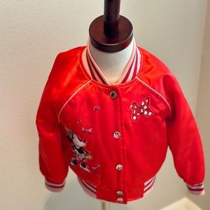 Red Minnie Mouse varsity bomber jacket
